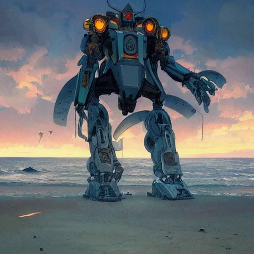 Image similar to giant robot is on an empty beach, at dusk, art by greg rutkowski and alphonse mucha. colorful, highly detailed, trending on artstation, 4 k, epic, cinematic lightning