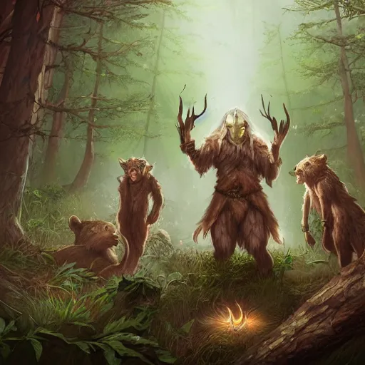 Image similar to elven druid summoning bears in the forest, diablo 2 inspired, trending on artstation, ultra fine detailed, hyper detailed, hd, concept art, digital painting