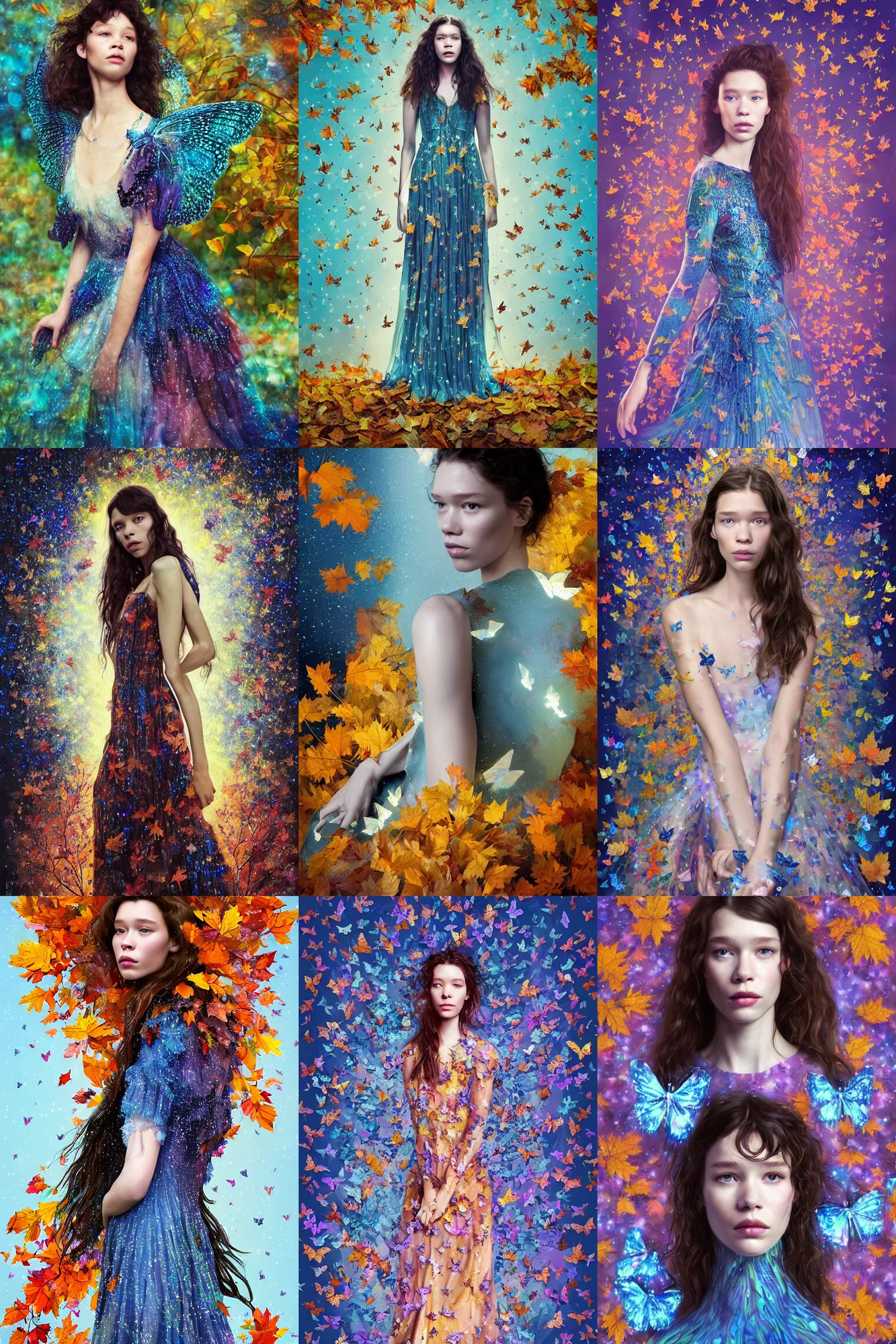 Prompt: masterwork full body portrait of astrid berges frisbey. digital illustration. wearing a dress made out of stars fading into blue butterflies. resting on a background of autumn leaves. fluid, dreamy, ethereal, vivid colours. sharp focus. highly detailed face. wow! cinematic lighting. trending on artstation. cgsociety.