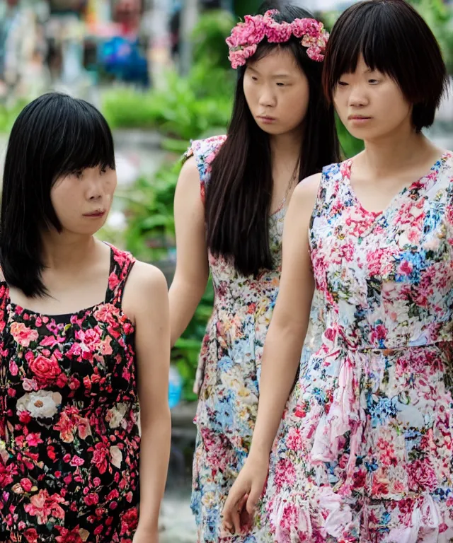 Prompt: a focus shot photo of two women in floral dress in taiwan