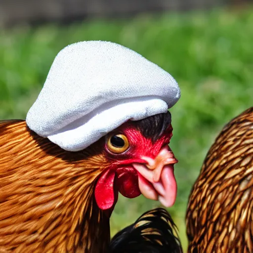 Prompt: chickens wearing beret hat realistic 4k uhd