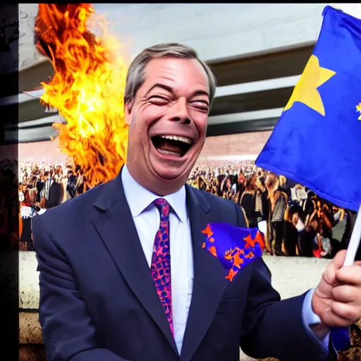 Image similar to nigel farage laughing holding burning eu flag, photograph, hd