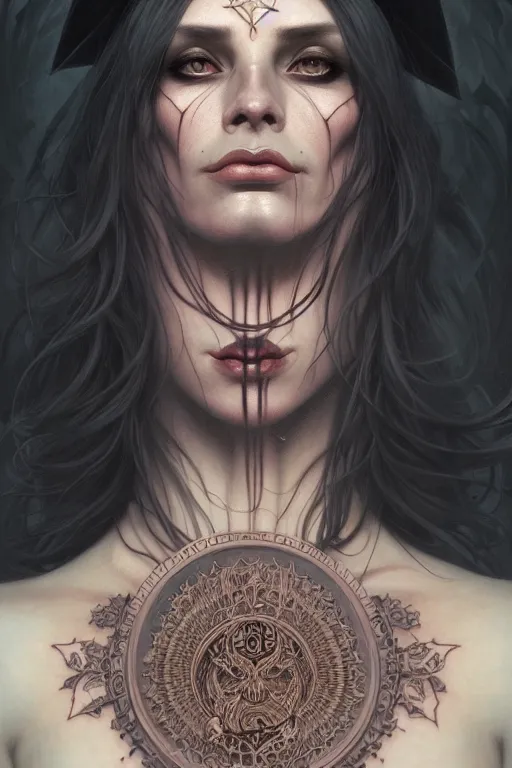 Image similar to portrait of a satanic witch, tattooed face, upper body, decorated, intricate, elegant, highly detailed, digital painting, artstation, concept art, smooth, sharp focus, illustration, art by artgerm and greg rutkowski and alphonse mucha, 8 k