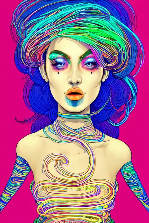 Image similar to a award winning portrait of a beautiful woman with stunning eyes in a one off shoulder croptop and cargo pants with rainbow colored hair, outlined by whirling illuminated neon lines and fine lines swirling in circles by joe fenton, digital art, trending on artstation