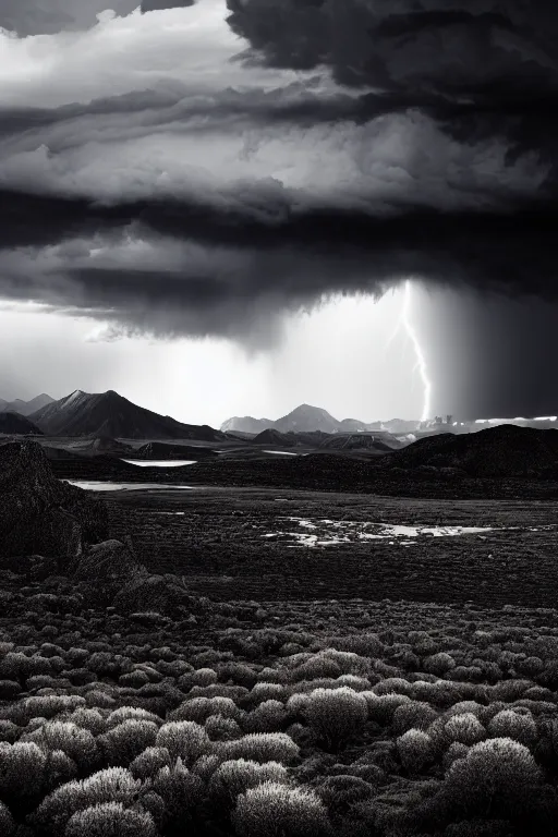 Image similar to a stunning landscape by ansel adams, stormy weather, extreme detail photo quality, dark moody colors, featured on behance