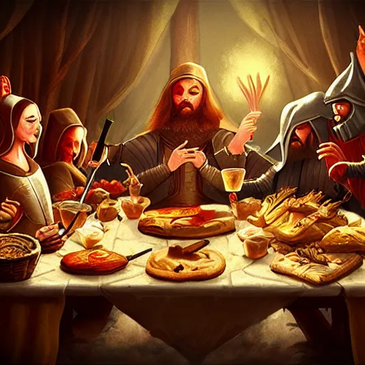 Image similar to medieval feast with drinking, artstation, fantasy