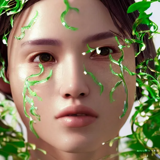 Image similar to intricate highly detailed face portrait of asian - european woman, light mint transparent water vines on her face, intricate, cgsociety, unreal engine, octane render, sharp focus, smooth, volumetric lighting, cinematic composition, artstation c 1 0. 0