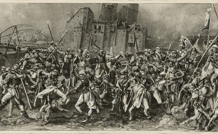 Image similar to a few italian brigands ambushed by papal state troops on a bridge