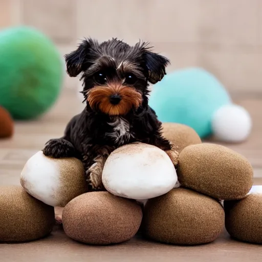 Prompt: yorkiepoo sitting in a pile of mochi, realistic, hd