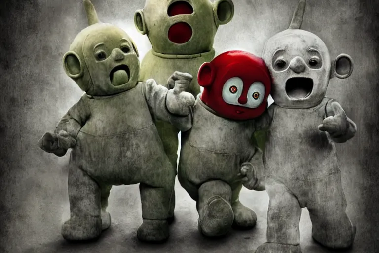 Image similar to teletubbies horro movie, saw teeth, red eyes, macabre, grotesque, greg rutkoswki, artwork, masterpiece