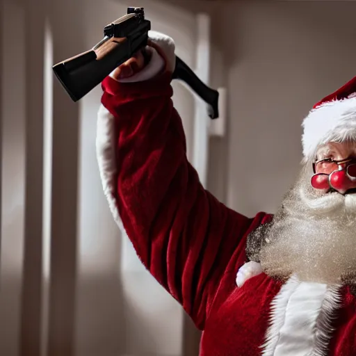 Image similar to santa claus scared, holding a shotgun indoors photorealistic 4 k