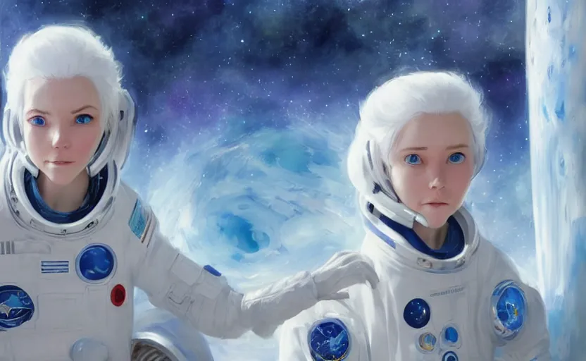 Image similar to portrait of a blue-eyed girl with white hair in a space suit against the background of space, painting by Craig Mullins, octane rendering, soft morning lighting, wide angle lens, in the style of Hayao Miyazaki, trending on artstation,