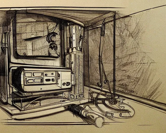 Image similar to steampunk mechanical electrical television set sketch by leonardo da vinci