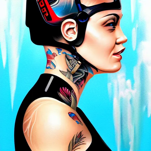 Prompt: a profile photo of a woman with diving helmet with tattoos on arm and neck, side profile in underwater, highly detailed, digital painting, artstation, sharp focus, illustration by Sandra Chevrier