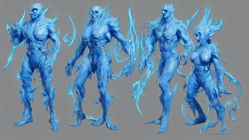 Prompt: a fantasy Bright blue ghost demon character design sheet, trending on artstation