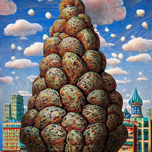 Prompt: imposing by mark briscoe, by todd mcfarlane umber. a installation art of a city made entirely out of kulich, a traditional russian easter bread. the city is bustling with activity. the installation art is playful & whimsical, with a touch of magic.