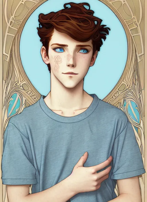 Image similar to art nouveau portrait of a teen boy with completely straight auburn hair, light blue eyes, pale skin, freckles, sad expression, t - shirt, modern casual clothing, natural lighting, path traced, highly detailed, high quality, cartoon, digital painting, by don bluth and ross tran and studio ghibli and alphonse mucha