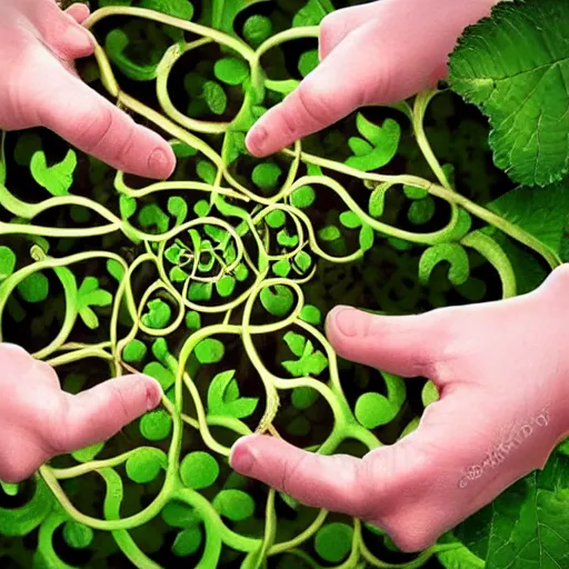 Prompt: many hands with many fingers growing from fractal vines