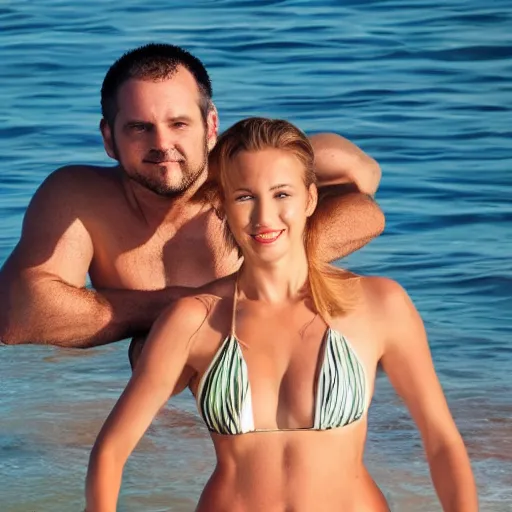 Prompt: photo of a 4 0 year old man that looks young for his age dating a very attractive 2 2 year old woman wearing a bikini. closeup