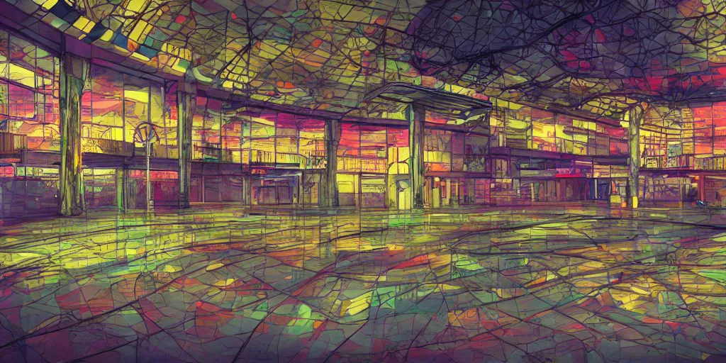 Prompt: eerie but beautiful abandoned mall at night, full of color, award - winning anime digital art