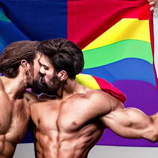 Image similar to super very gay jesus, jesus holding gay flag, jesus kissing a man, realistic gay jesus, 4 k, trending on artstation, beautiful, gay, gay pride, jesus, christian, studio lighting