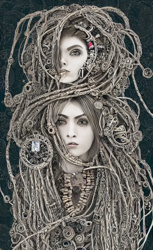 Image similar to beautifully stunning stonepunk woman_integrating_with_technology_full_face_insipiring_detailed_intricate_ornate_cables_connected_to_head_big_open_electric_eyes_ the_singulairty is now by Hironaka, Harumi