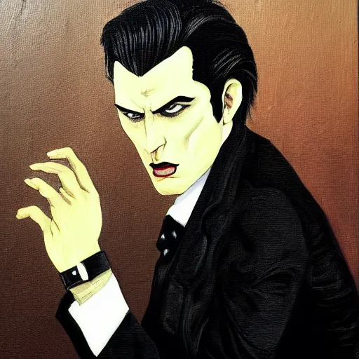 Prompt: a modern painting of a vampire in a business suit, slick back hair, in the style of tim bradstreet, sharp focus, realism, intricate detail