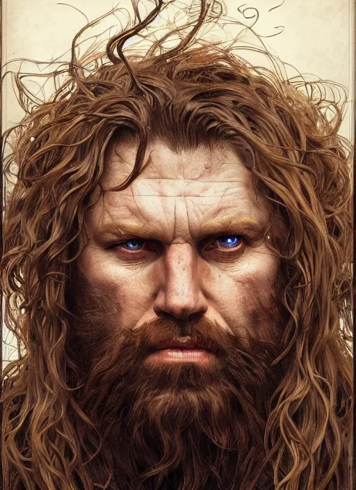 Image similar to portrait of a 4 0 year old giant strong man with long tangles of bushy ginger hair and beard, piercing eyes, wearing leather armor, hyper realistic face, epic, very low angle, fantasy art, in the style of greg rutkowski, intricate, alphonse mucha, hyper detailed, smooth