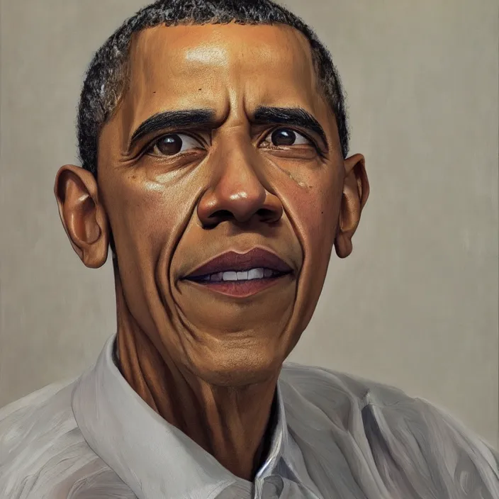 Prompt: hyperrealistic close up studio portrait of aging old Barak Obama age 103 wrinkled sorrowful, oil painting by Ivan Albright and Lucian Freud and Ron Mueck, trending on artstation Studio lighting hyperrealism