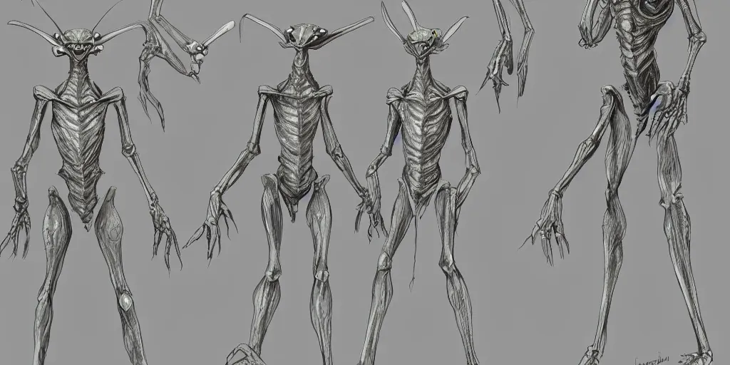 Image similar to a humanoid mantis alien creature, character design sheet, detailed concept art by fortiche