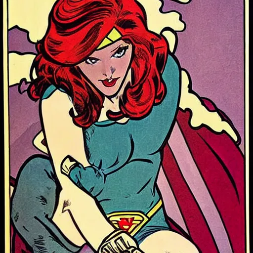 Image similar to a woman with red hair. she is a superhero, wearing a superhero costume. well composed, clean elegant painting, beautiful detailed face. retro comic book art by steve ditko and jack kirby and ( alphonse mucha )