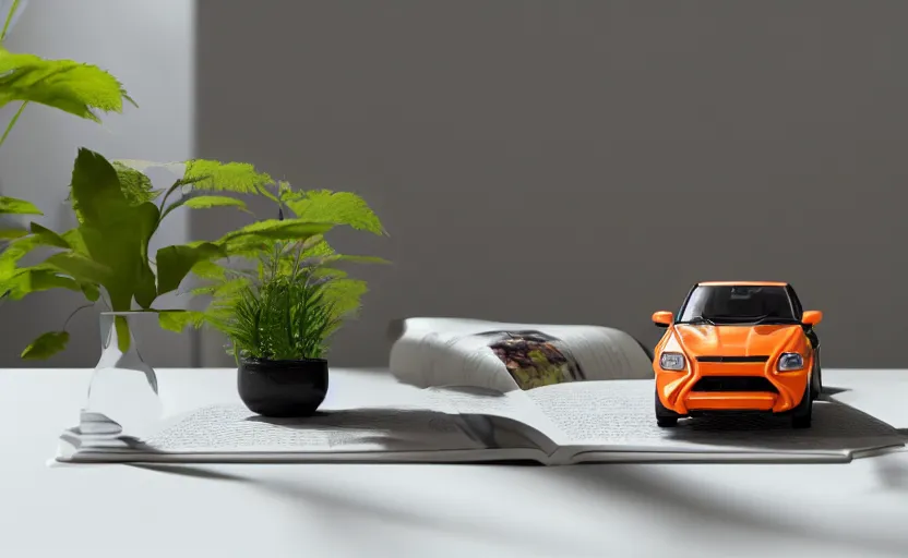 Image similar to a small miniature of a orange Toyota TE27 on a white table near a book and a vase with a plant, hyperrealistic, concept art, octane render, unreal engine 5, path tracing, complementary colors, calm, relaxing, serene, product photo, centered, symmetrical