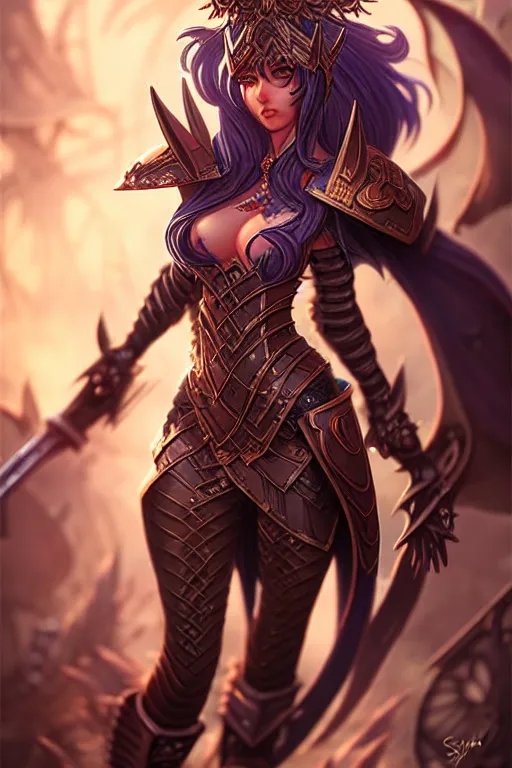 Image similar to sakimi chan, detailed face, standing, scandelous fantasy armor, tony sart, in combat