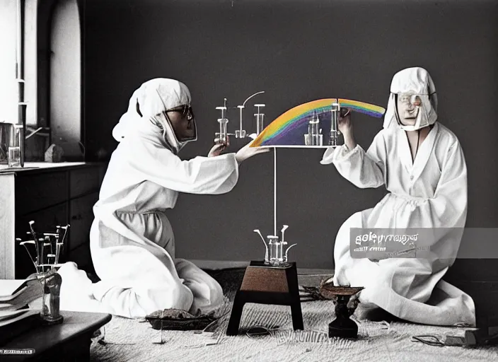 Prompt: realistic photo two medieval female scientists doing an experiment with a cloud and rainbow, living room interior is made of wood 1 9 9 0, life magazine reportage photo