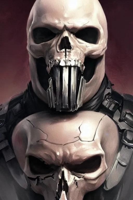 Image similar to Boris Johnson as Punisher, armor plate with skull image, realistic portrait, highly detailed, digital painting, artstation, concept art, smooth, sharp focus, illustration, cinematic lighting, art by artgerm and greg rutkowski and alphonse mucha