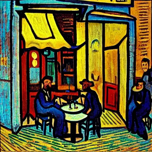 Prompt: “a sunlit cafe in Tel Aviv, busy, happy, in the style of Vincent Van Gogh”