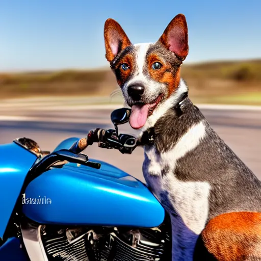 Image similar to blue heeler dog on a motorcycle, 8 k photography, blurred background of a wafflehouse