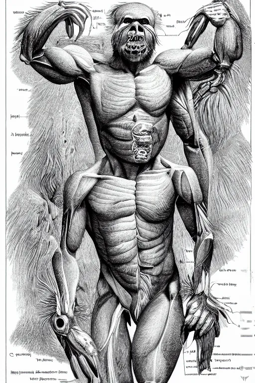 Image similar to anatomical encyclopedia illustration of sasquatch, photorealistic, diagram, intricate details