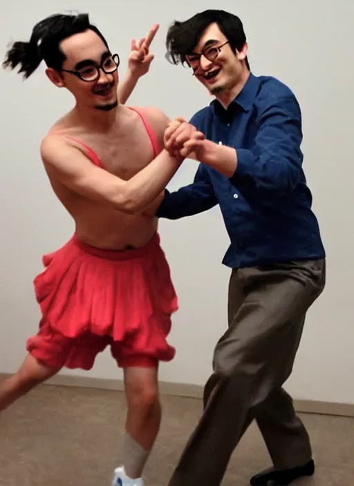 Prompt: a photo of filthy frank dancing next to goji