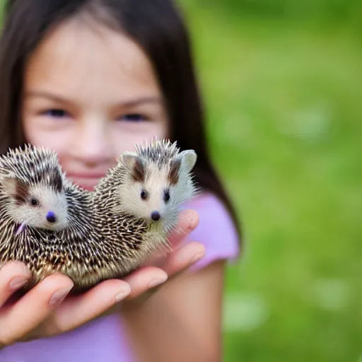 Prompt: a close up photo of a girl holding a baby hedgehog in her hand with the hedgehog upside down, real photo, real camera, dslr, intricate quality, 8 k