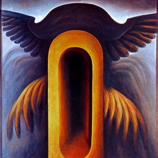 Image similar to a new, original piece by remedios varo, oil on canvas, surreal characters, angels