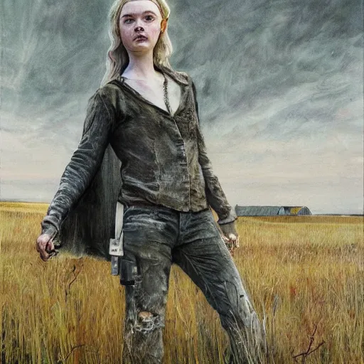 Image similar to Elle Fanning in the painted world of The Walking Dead, head and shoulders masterpiece, apocalypse, golden hour, cosmic horror, artstation, in the style of Andrew Wyeth and Edward Hopper and Bosch, extremely detailed