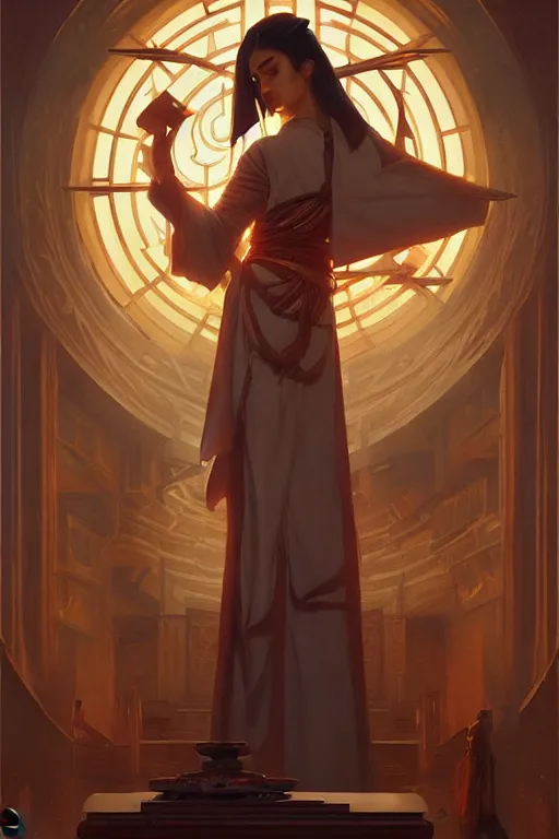 Image similar to temple, taoism, painting by greg rutkowski, j. c. leyendecker, artgerm