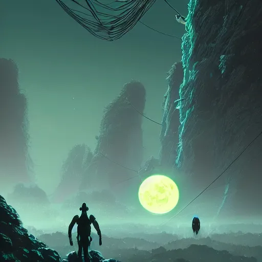 Image similar to alien world made from wires, detailed landscape, intricate complexity, 3 bright moons, green glow, by greg rutkowski, artgerm, ross tran, conrad roset, takato yomamoto, ilya kuvshinov. 4 k, beautiful, cinematic dramatic atmosphere