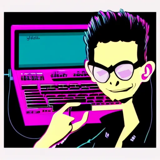 Image similar to a cartoon of a man holding a pink keyboard, cyberpunk art by Jamie Hewlett, tumblr contest winner, funk art, synthwave, retrowave, vaporwave