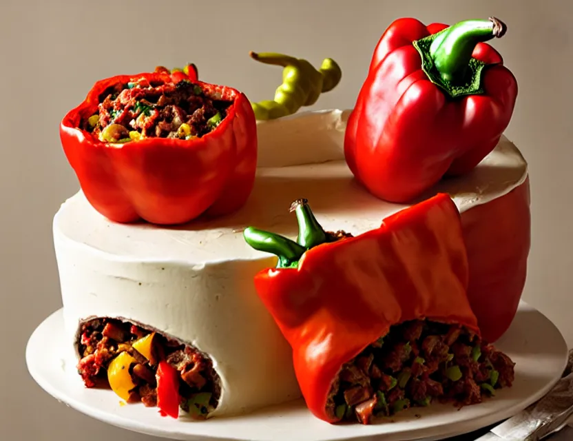 Prompt: meat - stuffed pepper wedding cake