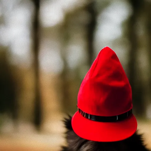 Image similar to photography of a golden _ retriever with a red cap, cinematic film, bokeh