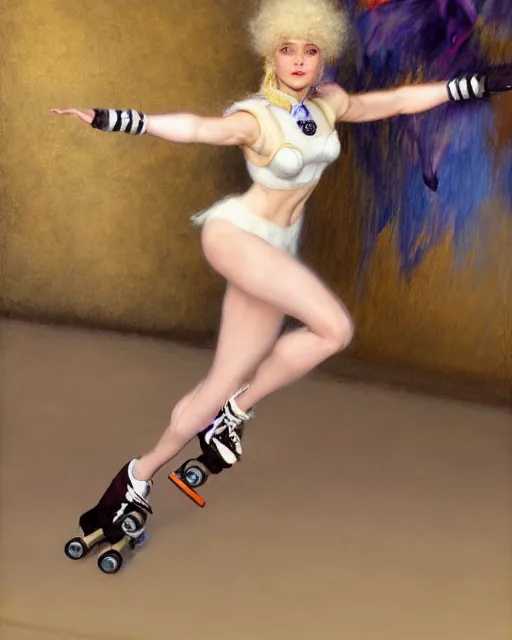 Image similar to a buff white female anthro wolf skating at a roller derby, 4 k, furaffinity, fursona, trending on artstation, energetic, speed, motion blur, by gaston bussiere, craig mullins, j. c. leyendecker, gustav klimt, artgerm, greg rutkowski, alphonse mucha