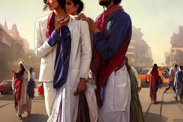 Image similar to Anxious good looking pale young Indian doctors wearing American clothes outside a hospital, portrait, elegant, intricate, digital painting, artstation, concept art, smooth, sharp focus, illustration, art by artgerm and greg rutkowski and alphonse mucha