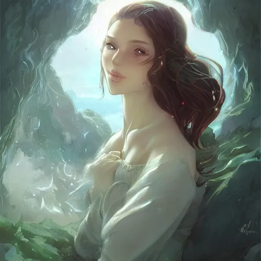 Image similar to beautiful fantasy, etherial, misty, glowing by gustave courbet and rossdraws and nasreddine dinet